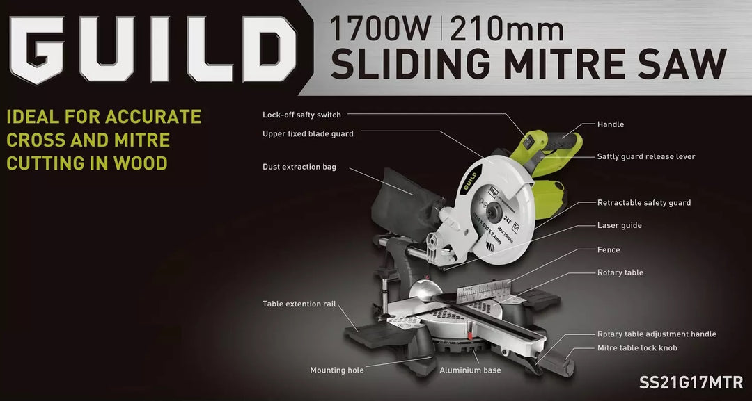 Guild 210mm Sliding Mitre Saw with Laser - 1700W