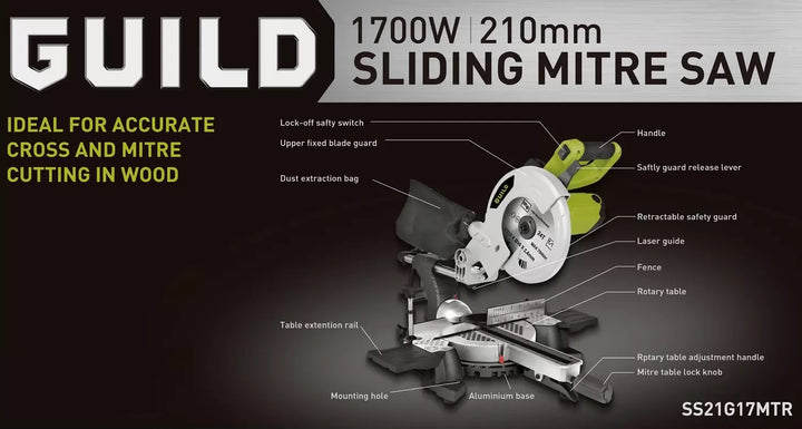 Guild 210mm Sliding Mitre Saw with Laser - 1700W