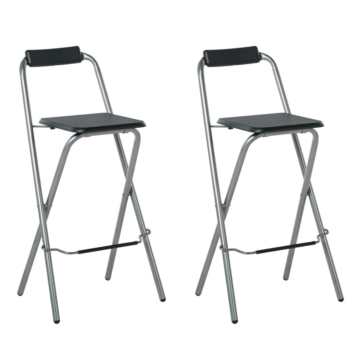 Home Pair of Folding Metal Bar Stools - Black & Silver