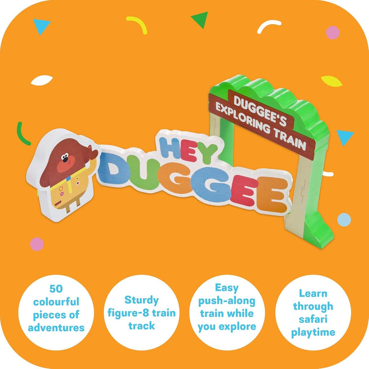 Hey Duggee - Wooden Safari Train Set 50 Pieces - 8 - Figure Train Track with Bridge, Wooden Characters, Animals & Scenery Parts