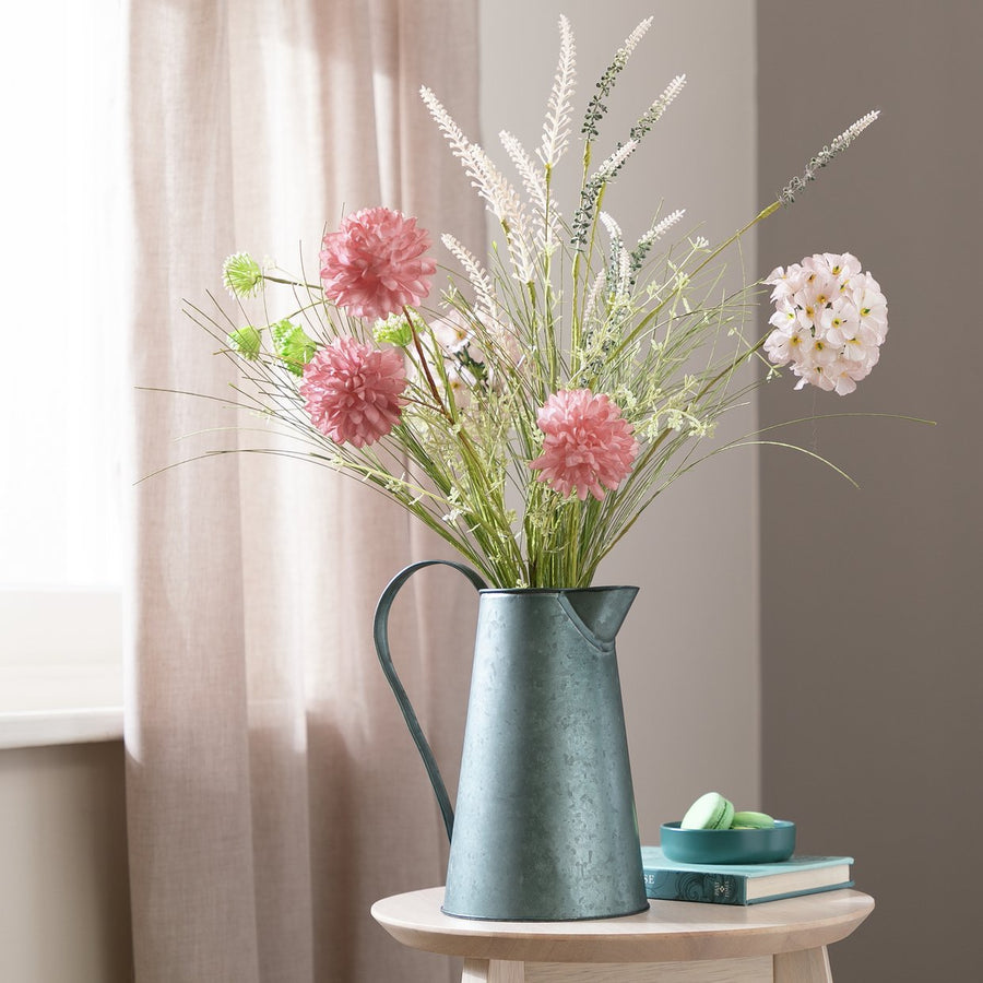 Home Artificial Flower & Fern Bouquet in Metal Jug