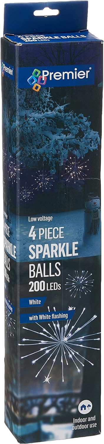 Premier Decorations LED Light Up White Sparkle Ball Lights x 4 Christmas