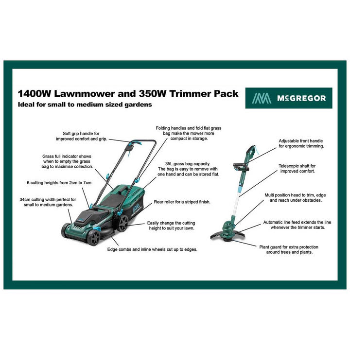 McGregor 34cm 1400W Mower & 25cm 350W Grass Trimmer