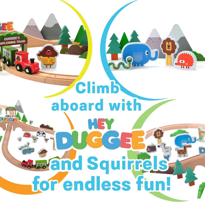 Hey Duggee - Wooden Safari Train Set 50 Pieces - 8 - Figure Train Track with Bridge, Wooden Characters, Animals & Scenery Parts