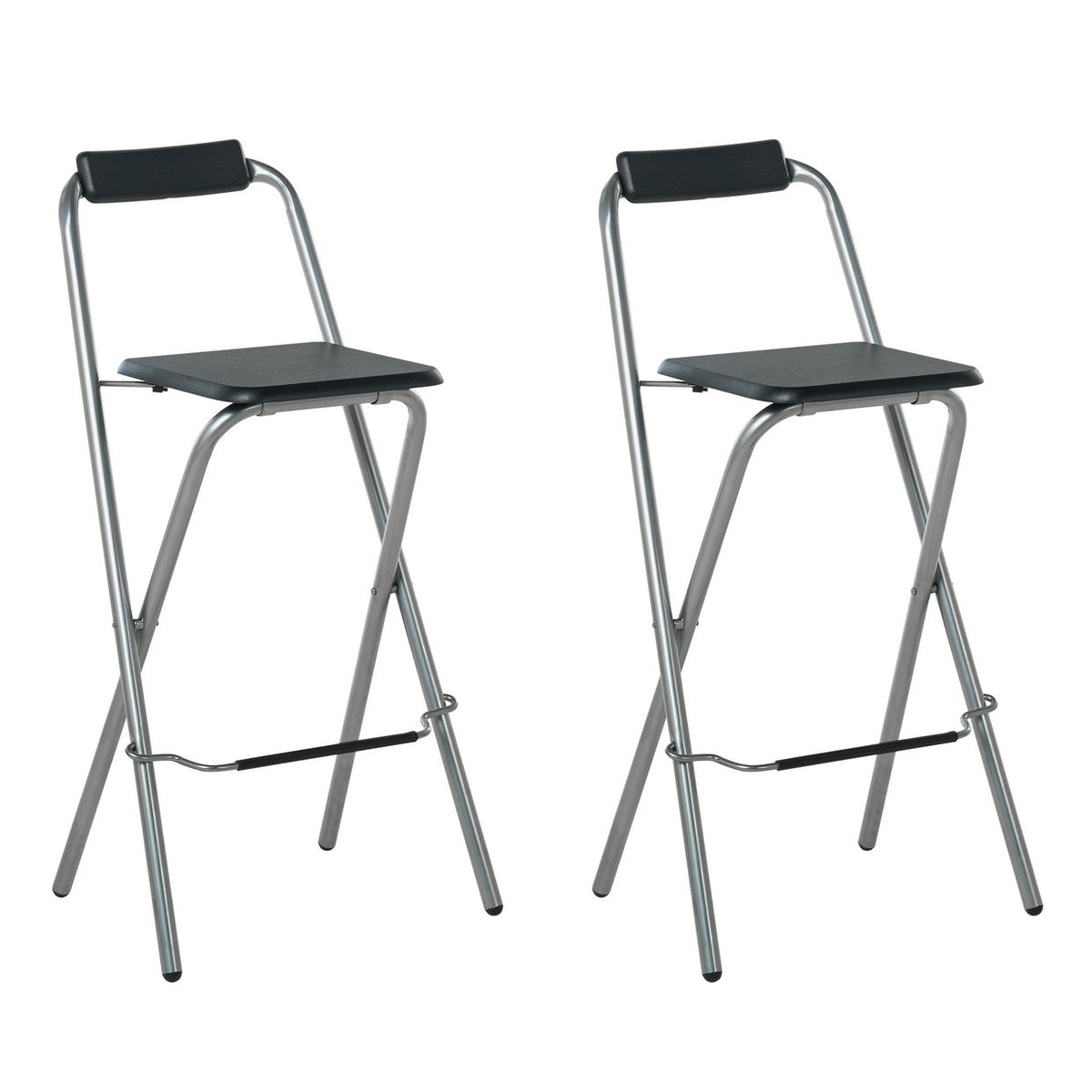 Home Pair of Folding Metal Bar Stools - Black & Silver