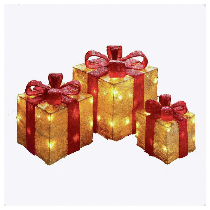 Premier Decorations Set of 3 Light Up Parcels - Gold & Red