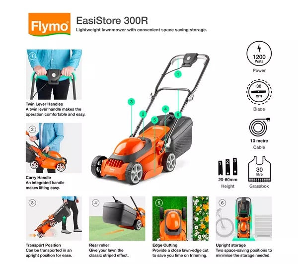 Flymo EasiStore 300R Corded Rotary Lawn Mower - Orange &amp; Grey