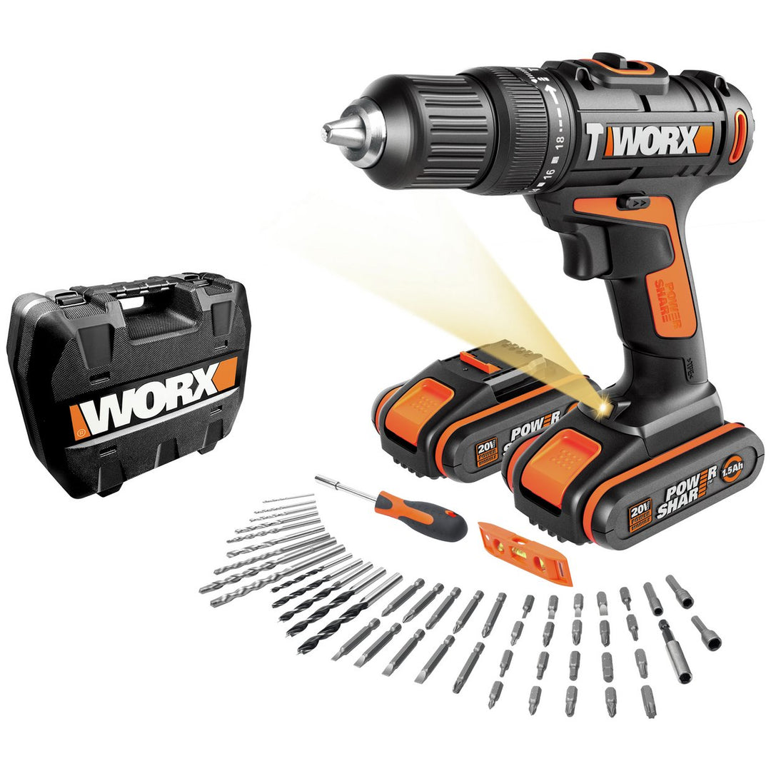 WORX WX386.4 18V 20V MAX Cordless Hammer Drill 50pc Set