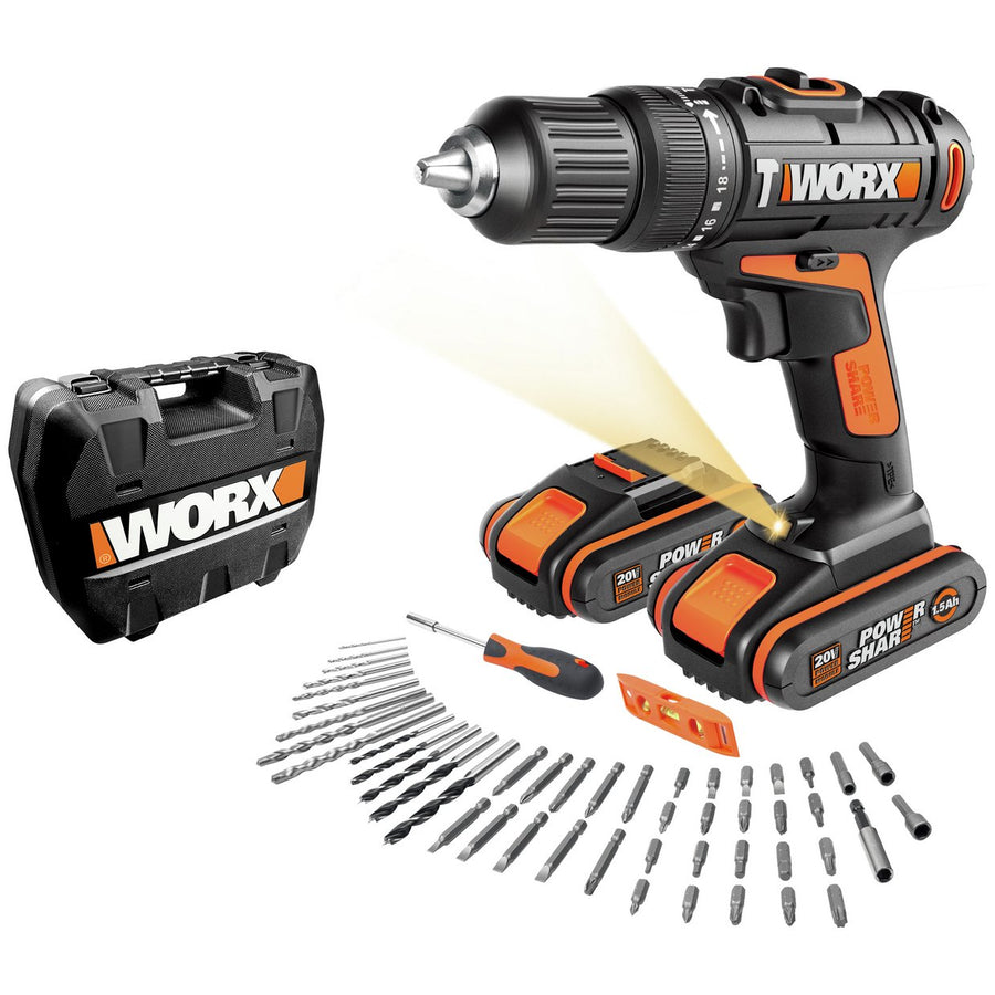 WORX WX386.4 18V 20V MAX Cordless Hammer Drill 50pc Set