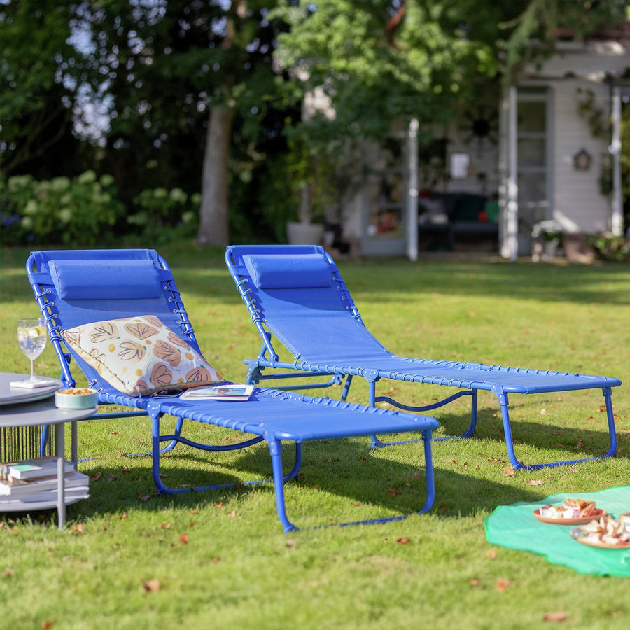 Home Set of 2 Folding Metal Sun Loungers - Blue