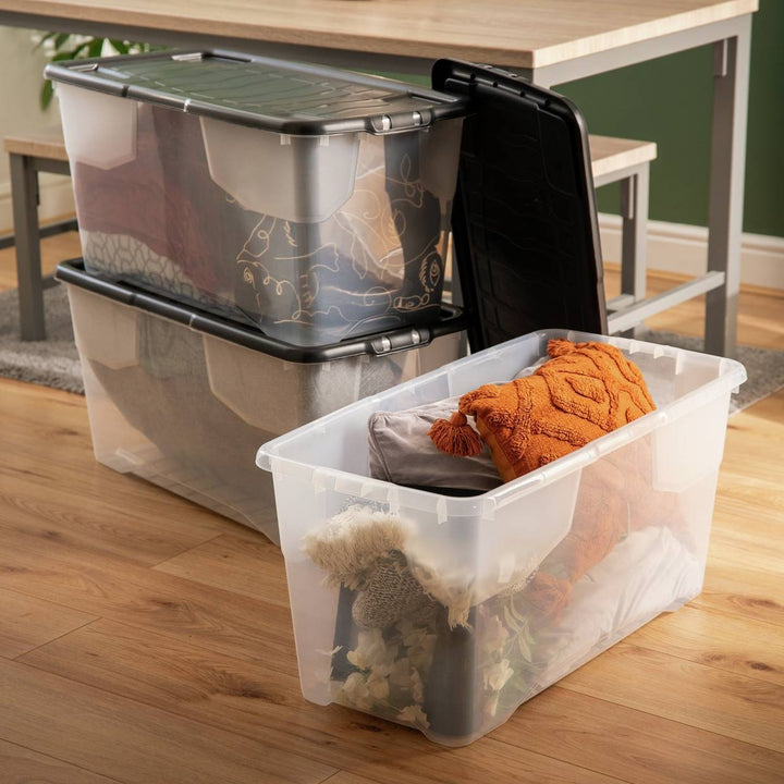 Strata Curve 3 x 80L Plastic Storage Boxes with Lid - Clear