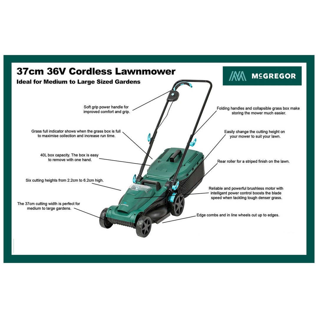 McGregor 37cm Cordless Rotary Lawnmower - 36V - MCR3637A (No Battery, No Charger)
