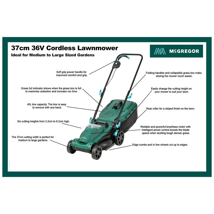 McGregor 37cm Cordless Rotary Lawnmower - 36V - MCR3637A (No Battery, No Charger)