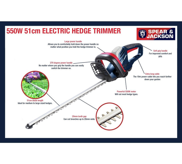 Spear & Jackson S5551EHP 51cm Corded Hedge Trimmer - 550W