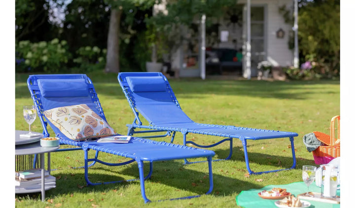 Home Set of 2 Folding Metal Sun Loungers - Blue