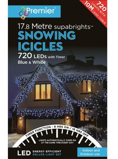 Premier Decorations 720 led Snowing Icicles Timer Christmas Lights - Blue & White