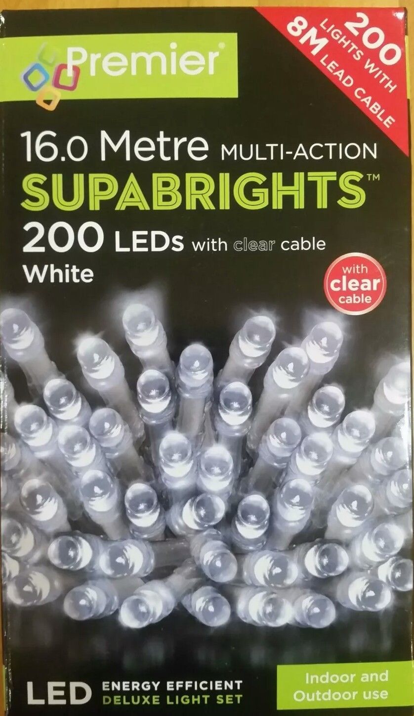 Premier 200 MultiAction LED Supabrights Christmas Lights - Clear Cable - White