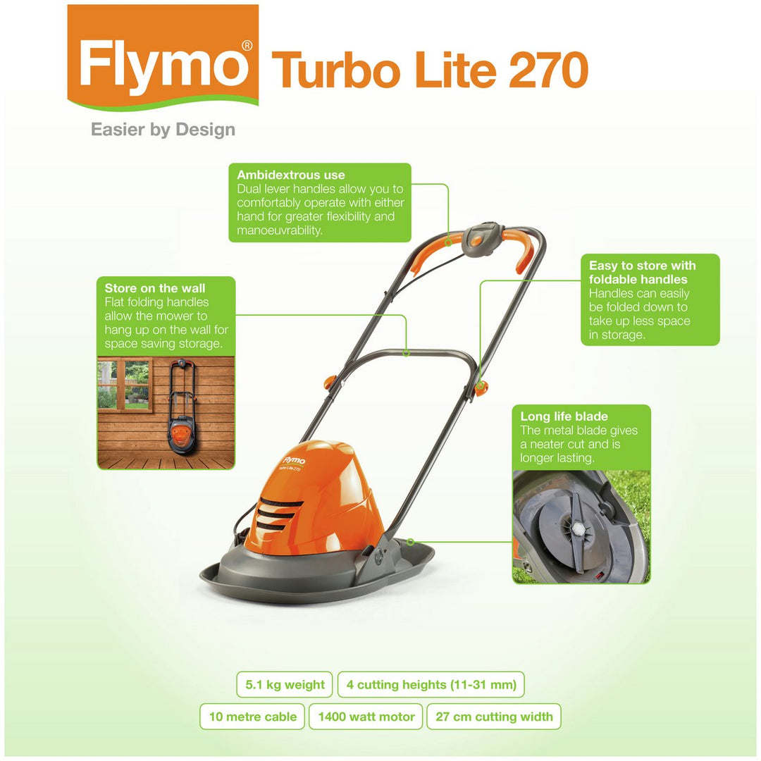 Flymo Turbo Lite 270 27cm Corded Hover Lawnmower - 1400W