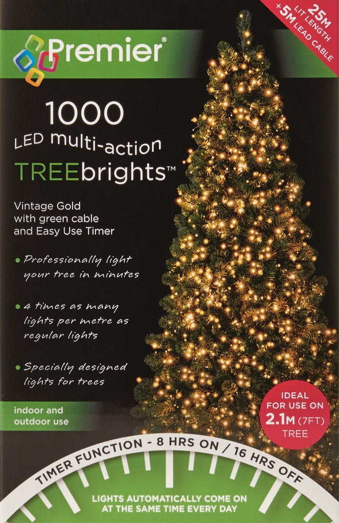 Premier Decorations 1000 TreeBrights Timer Christmas Tree Lights - Vintage Gold