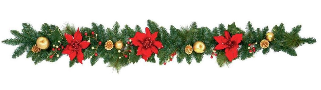 Premier Decorations 1.8m Poinsetta Garland - Red and Gold