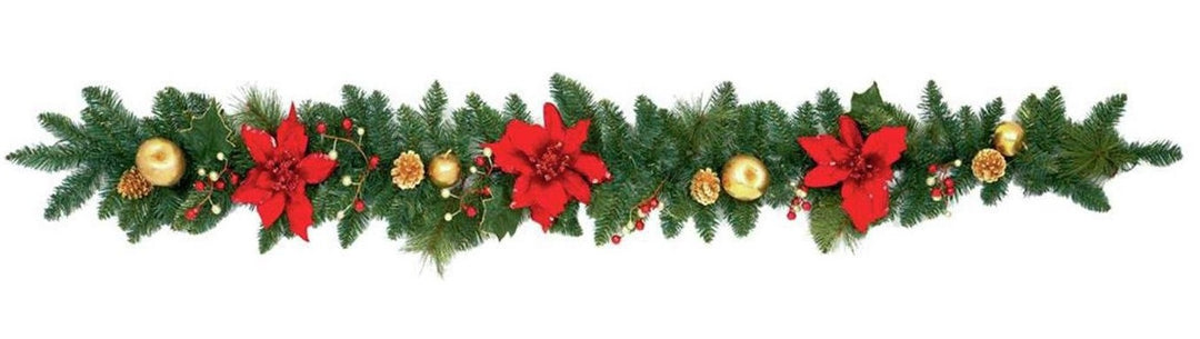 Premier Decorations 1.8m Poinsetta Garland - Red and Gold