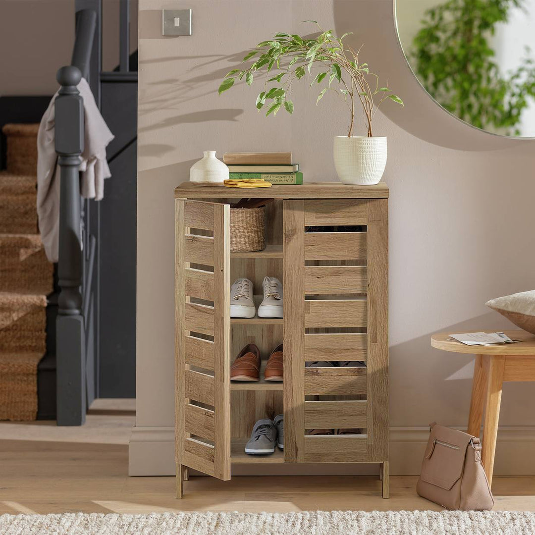 Home Slatted 2 Door Shoe Storage Cabinet - Oak