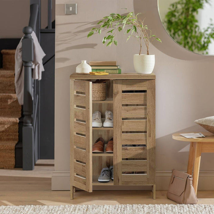 Home Slatted 2 Door Shoe Storage Cabinet - Oak
