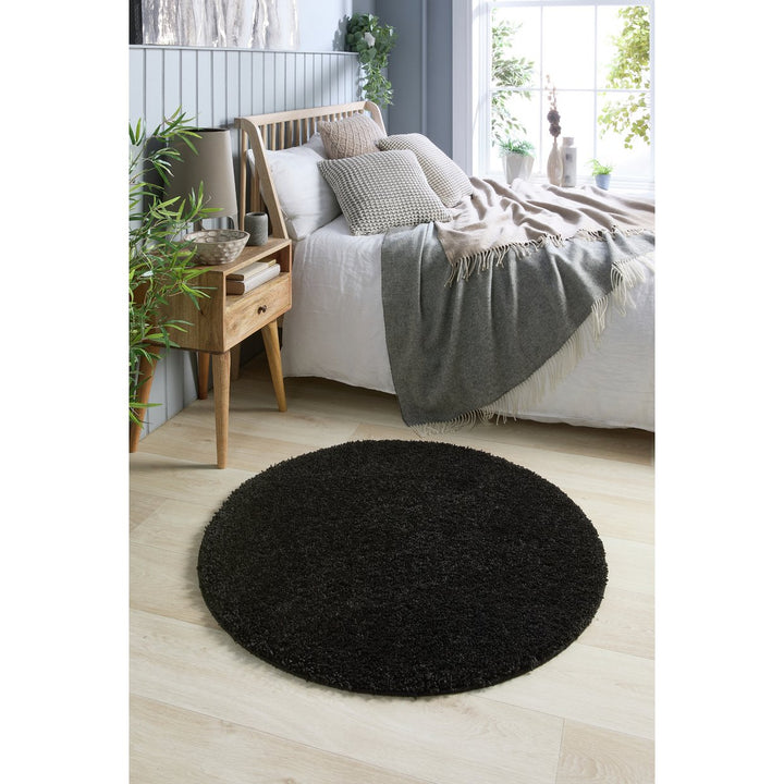 Buddy Washable Mat Plain Round Black Cut Pile Rug - 100cm