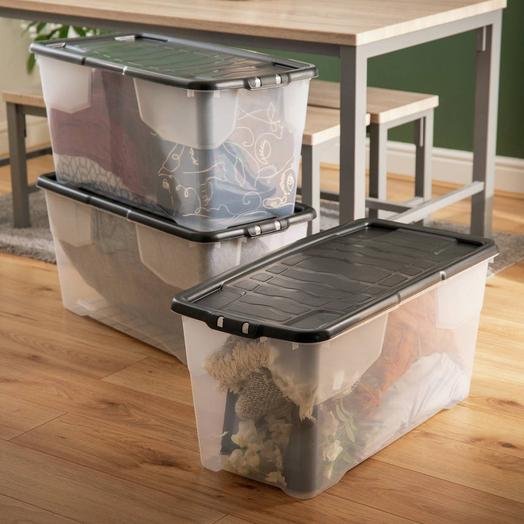 Strata Curve 3 x 80L Plastic Storage Boxes with Lid - Clear