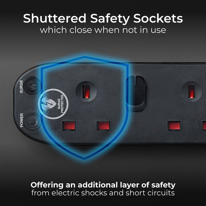 Masterplug 4 Switch Socket 1m Surge Protected Black Extension Lead