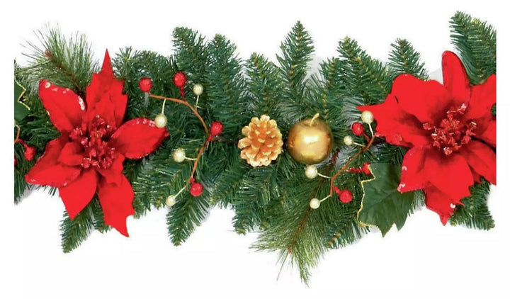 Premier Decorations 1.8m Poinsetta Garland - Red and Gold