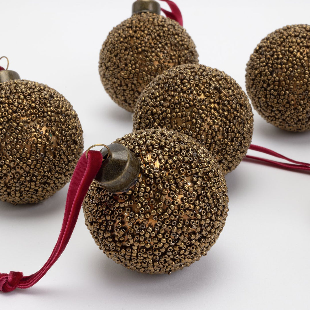 Habitat Pack of 6 Beaded Christmas Baubles - Bronze Gold