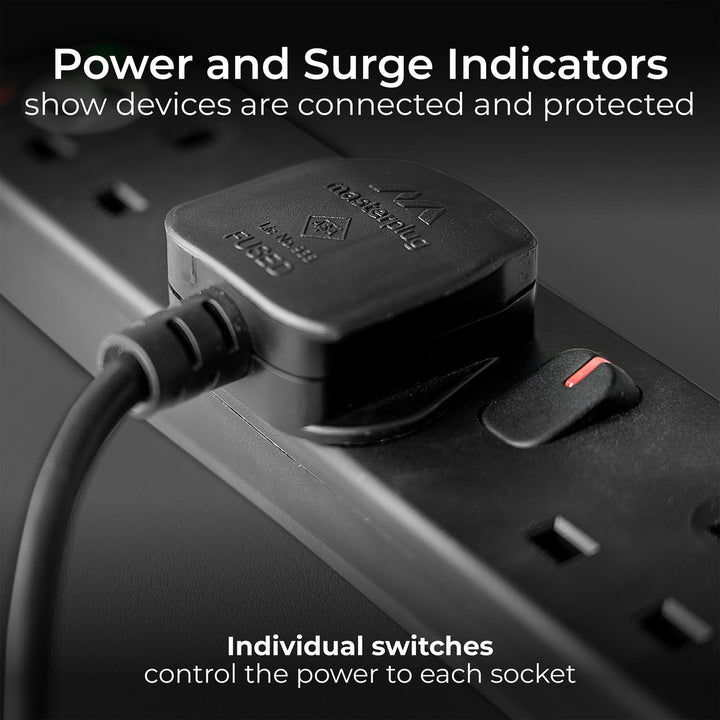 Masterplug 4 Switch Socket 1m Surge Protected Black Extension Lead