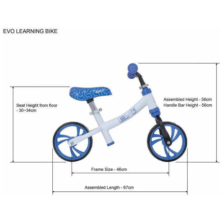 Evo 10" Toddlers Balance Bike in White & Blue With Adjustable Seat & Handle Height