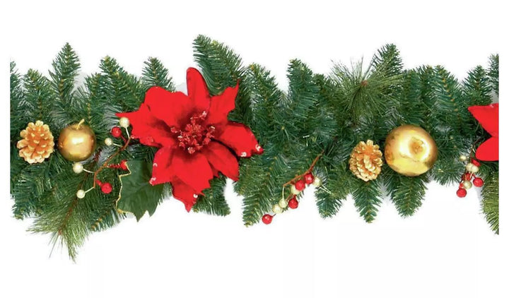 Premier Decorations 1.8m Poinsetta Garland - Red and Gold