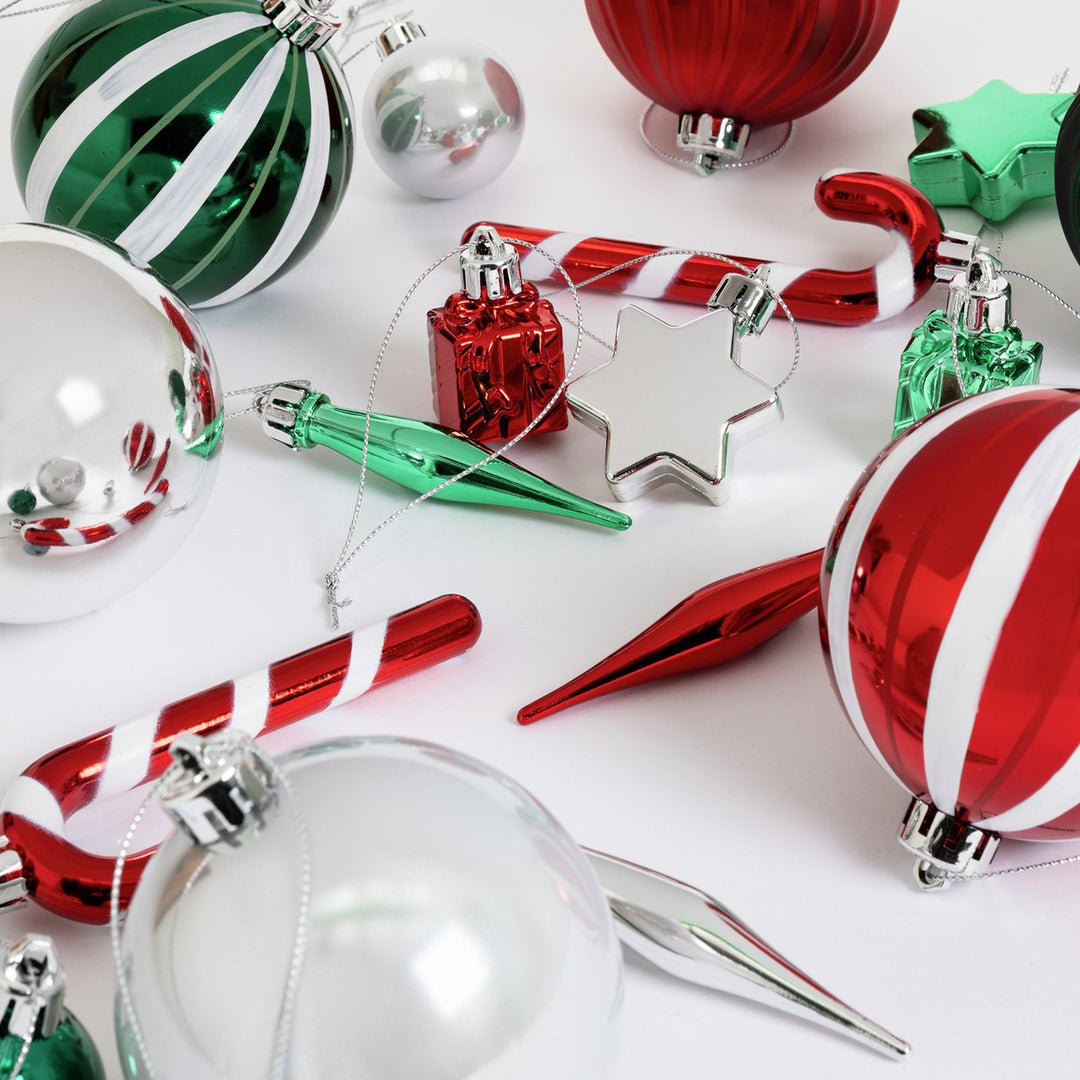Home Pack Of 49 Christmas Tree Baubles Decoration - Red, Green & Silver