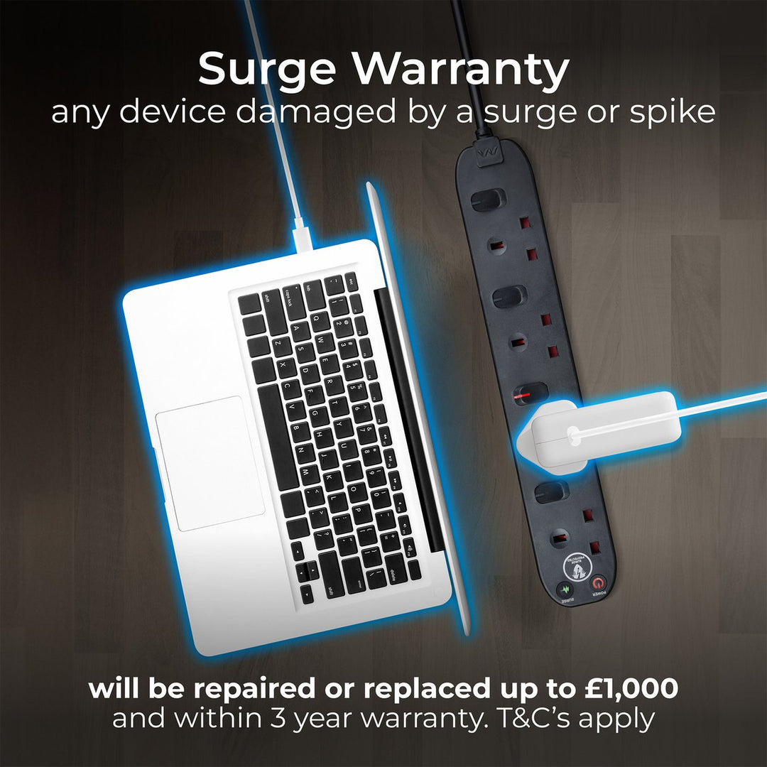 Masterplug 4 Switch Socket 1m Surge Protected Black Extension Lead