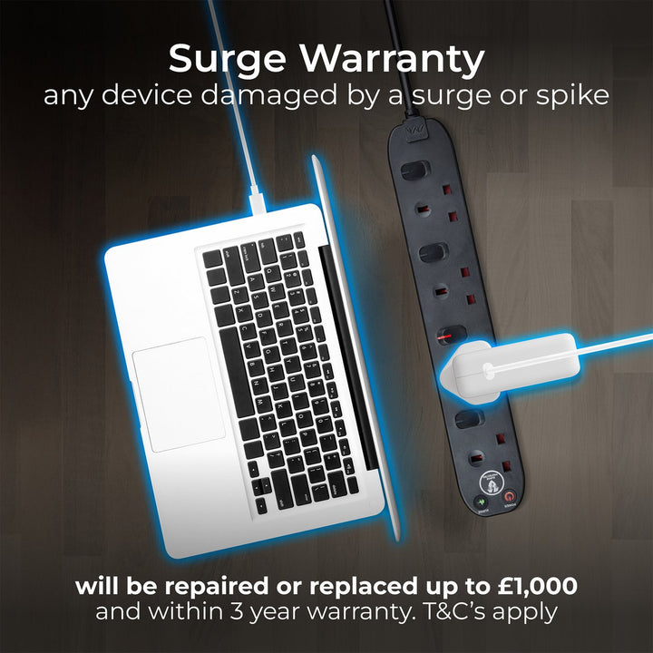 Masterplug 4 Switch Socket 1m Surge Protected Black Extension Lead