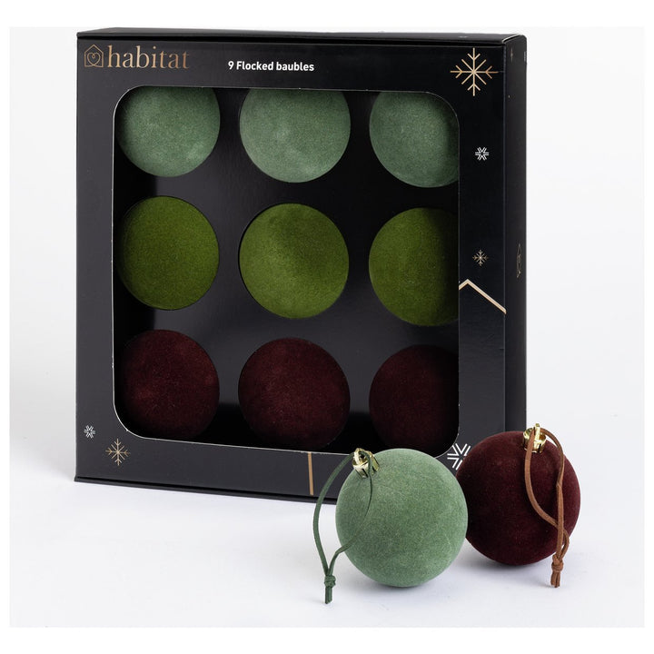 Habitat Pack of 9 Flocked Christmas Tree Baubles Decoration - Jewel Tones