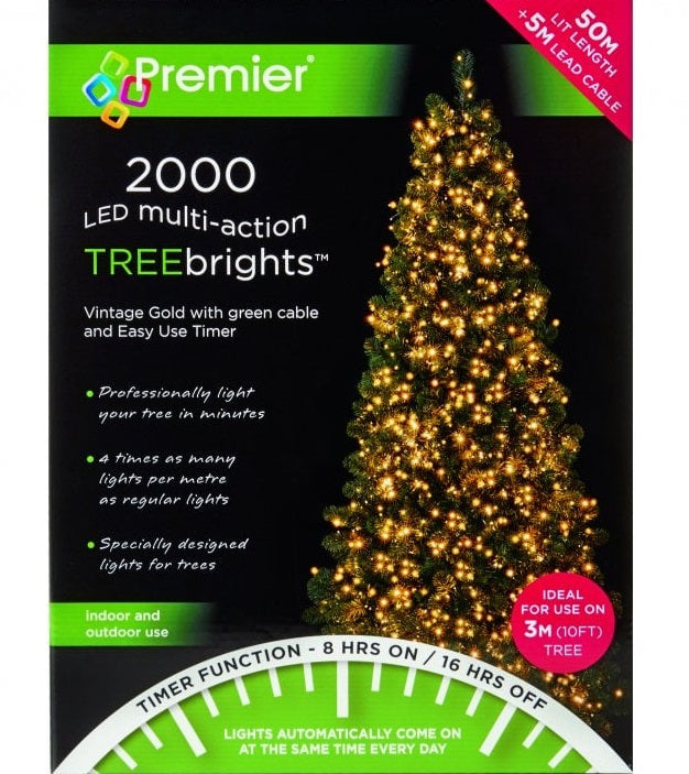 Premier Decorations 2000 TreeBrights Timer Christmas Tree Lights - Vintage Gold