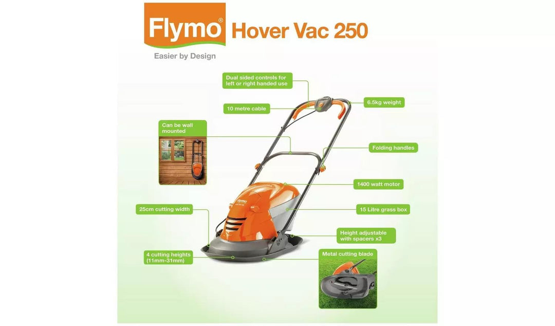 Flymo Hover Vac 250 25cm Corded Hover Lawnmower - 1400W - USED ITEM