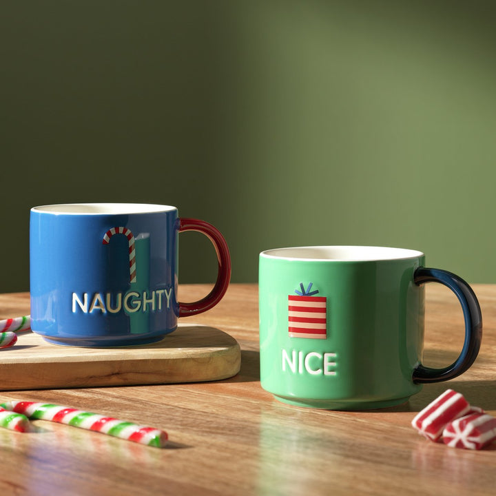 Habitat Naughty N Nice Set of 2 Mugs - Blue &amp; Green