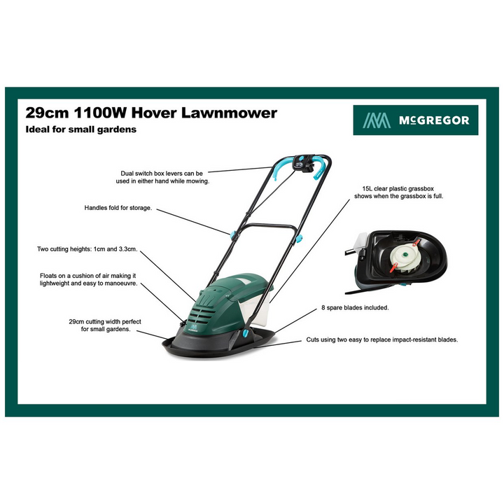 McGregor MCEHM1129 29cm Hover Collect Lawnmower – 1100W