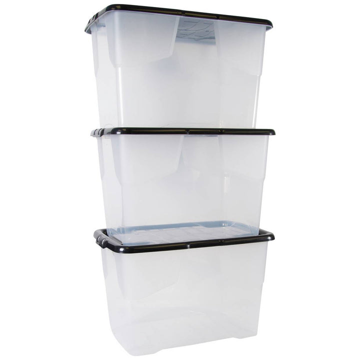 Strata Curve 3 x 65L Plastic Storage Boxes with Lid - Clear