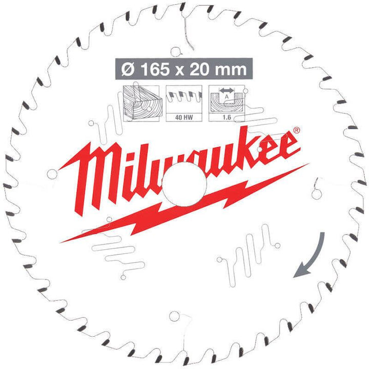 Milwaukee 165mm x 20mm x 40T Circular Saw Blade with Anti-Friction Coating