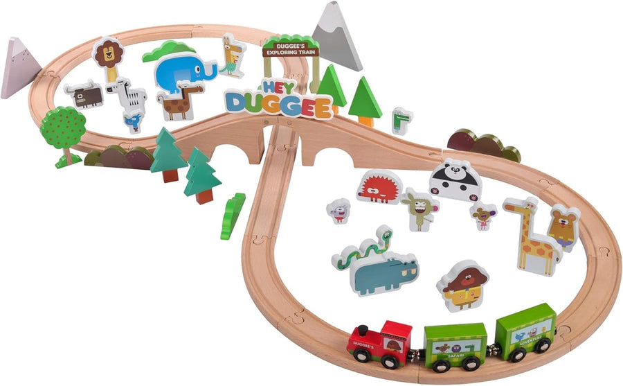 Hey Duggee - Wooden Safari Train Set 50 Pieces - 8 - Figure Train Track with Bridge, Wooden Characters, Animals & Scenery Parts