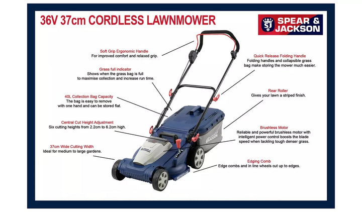 Spear & Jackson SCR3637A / 6796019 37cm Cordless Rotary Lawnmower - 36V (No Battery, No Charger)