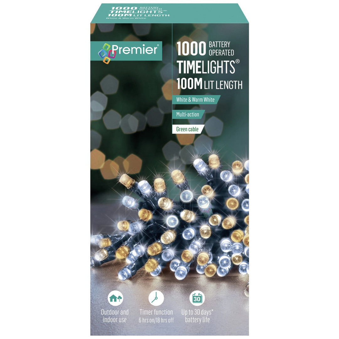 Premier 1000 LED Battery Operated Multi-Action Christmas Tree Lights Timer White & Warm White