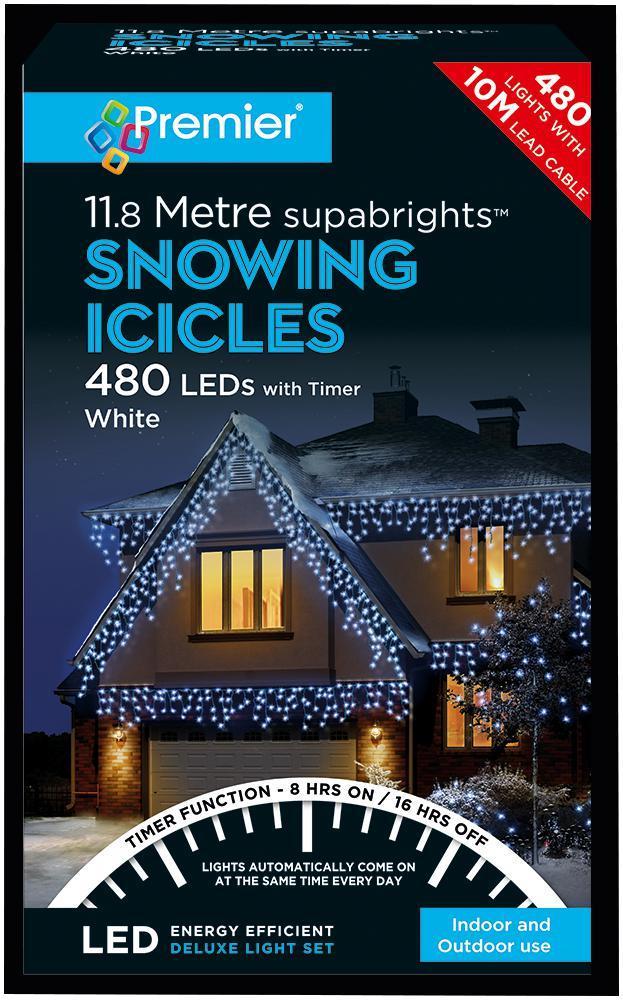 Premier 480 LED Snowing Icicle White Christmas Lights With Timer - White