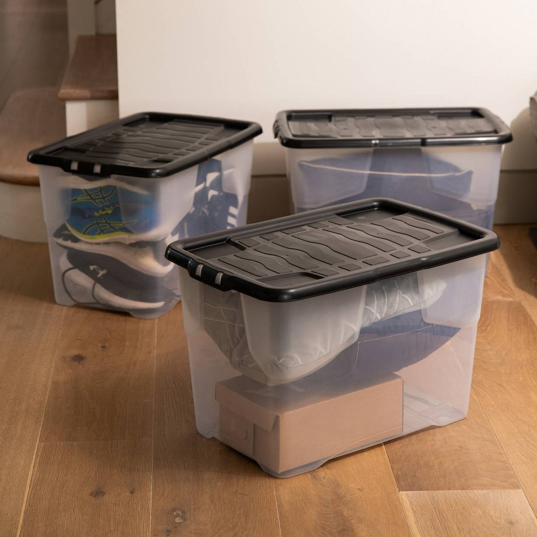 Strata Curve 3 x 65L Plastic Storage Boxes with Lid - Clear